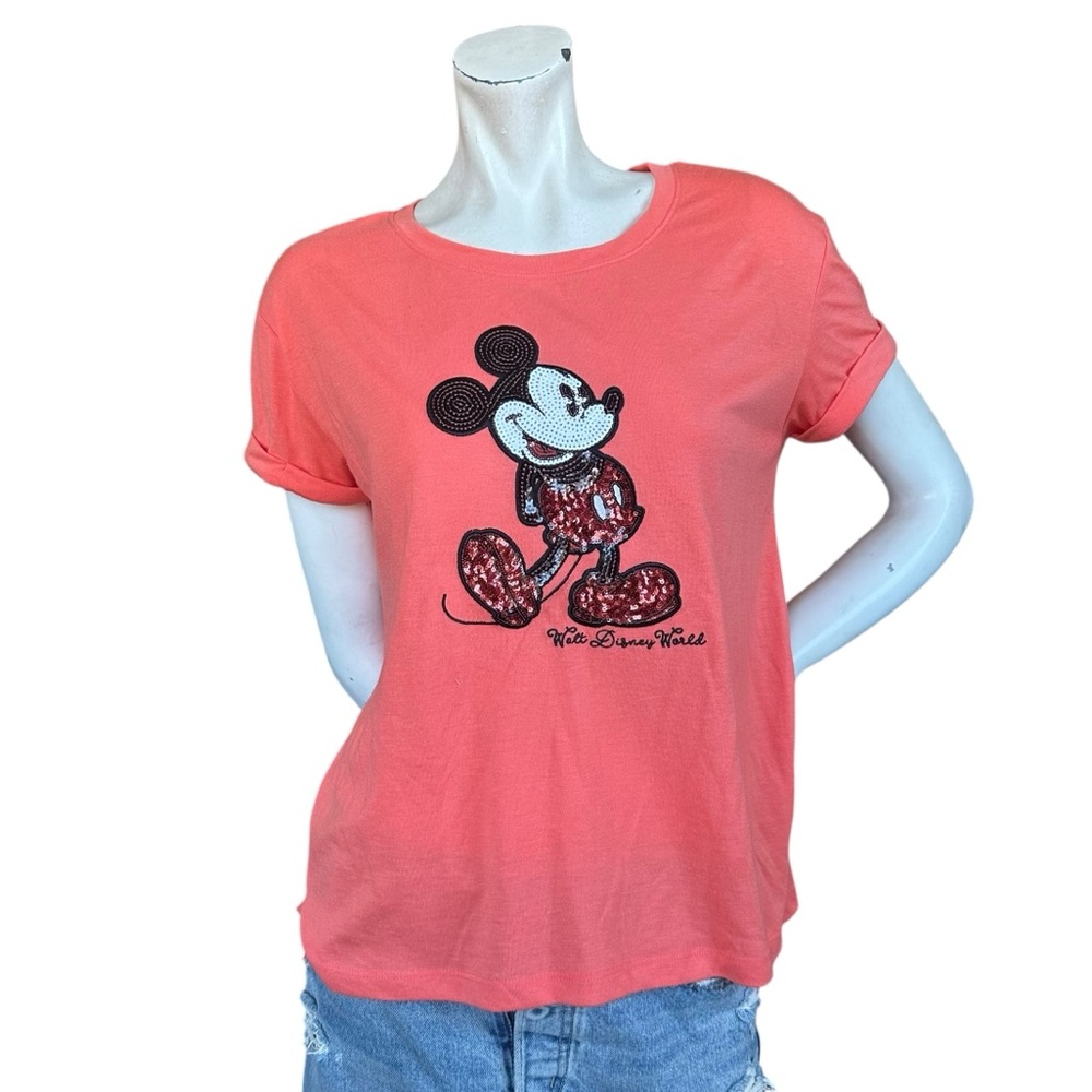 Disney Parks Coral Orange Sequin Mickey Mouse Cuffed Sleeve T-Shirt Size Medium